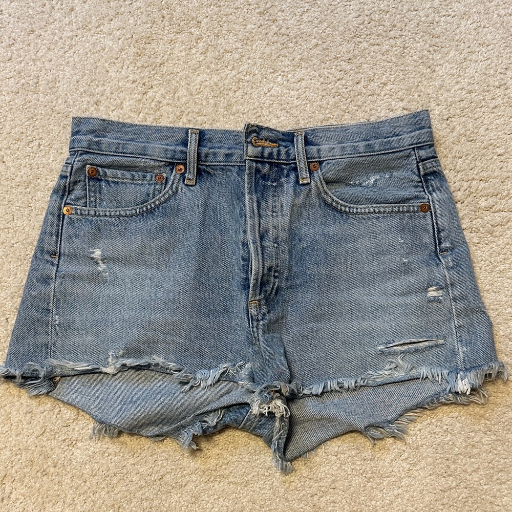 Agolde Light Blue Frayed Hem Jean Shorts